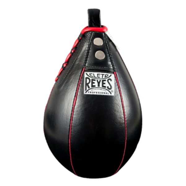 Black and red speed bag with 'Cleto Reyes' logo on a white background
