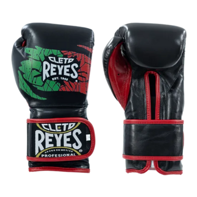 Black boxing gloves with red accents and Cleto Reyes branding on a white background
