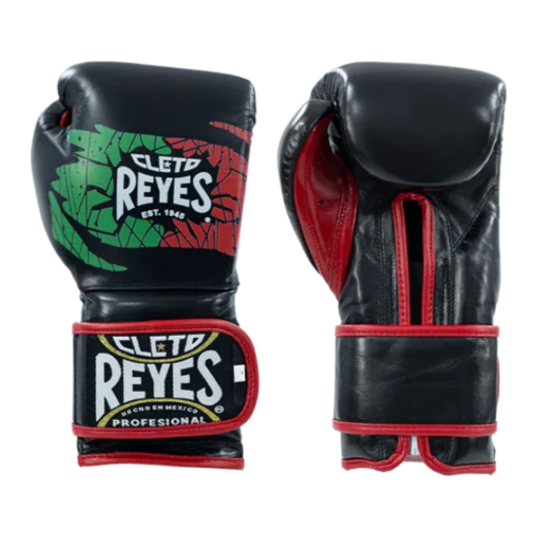 Black boxing gloves with red accents and Cleto Reyes branding on a white background