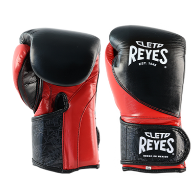 Red and black boxing gloves with 'Cleto Reyes' branding on a white background
