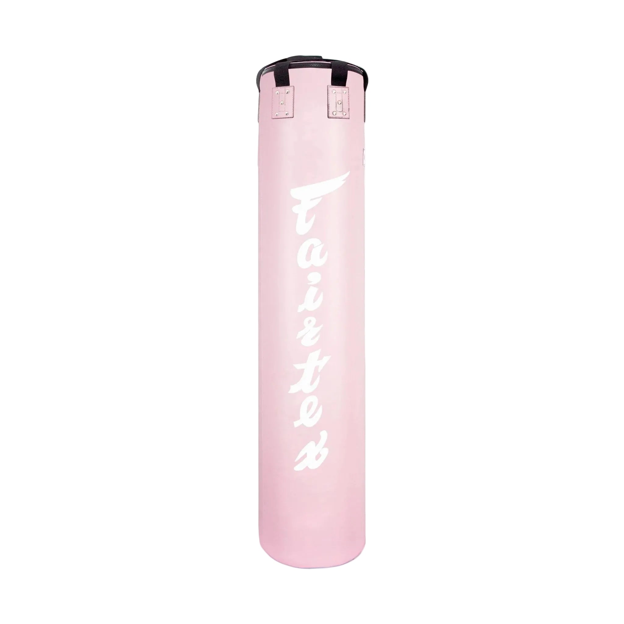 A light pink heavy punching bag with the word 'Faith' printed vertically in white script, featuring a black top rim, on a solid white background.