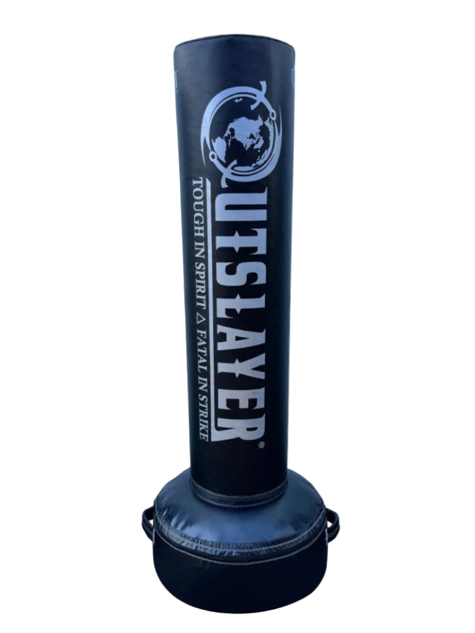 A dark navy blue freestanding punching bag with a circular base, featuring the brand name 'OUTSLAYER' and logo printed vertically in light blue and white on the front, set against a plain white background.