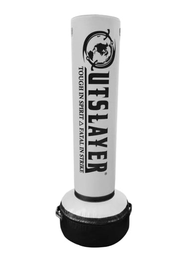 A white and black Outslayer cylindrical punching bag standing upright on a white background.