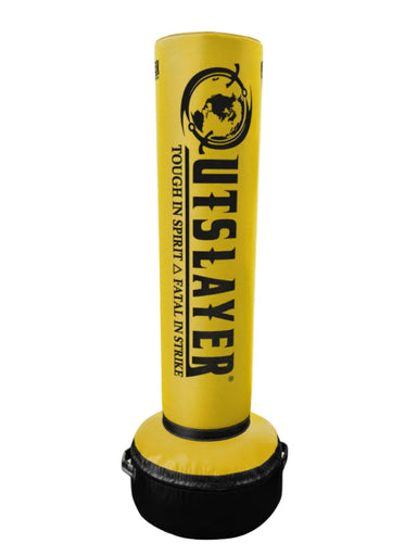 A yellow and black UTSLAYER freestanding heavy punching bag on a white background.