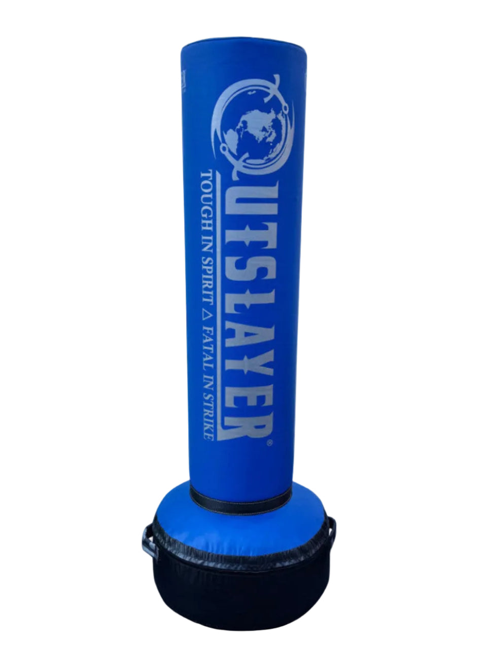A blue OUTSLAYER standing punching bag with a black base, shown on a clean white background.