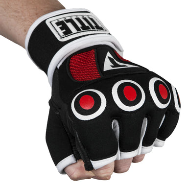 A close-up of a hand wearing a black fingerless MMA or boxing glove with white trim, red mesh padding, and three red circular finger accents. The wrist strap has a visible 'FIT LIFE' logo patch.