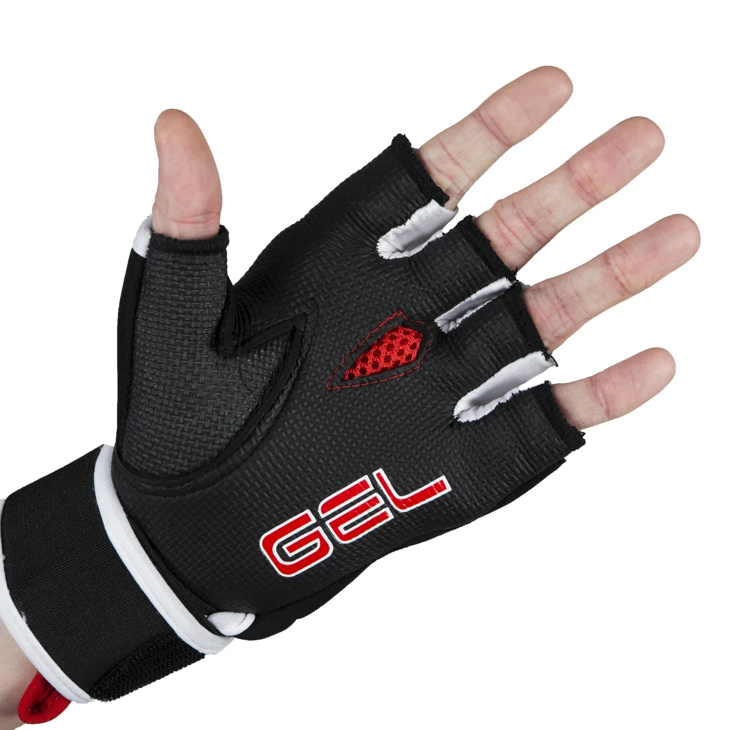 A black fingerless athletic glove with white trim and a red logo, shown worn on a hand against a plain white background.