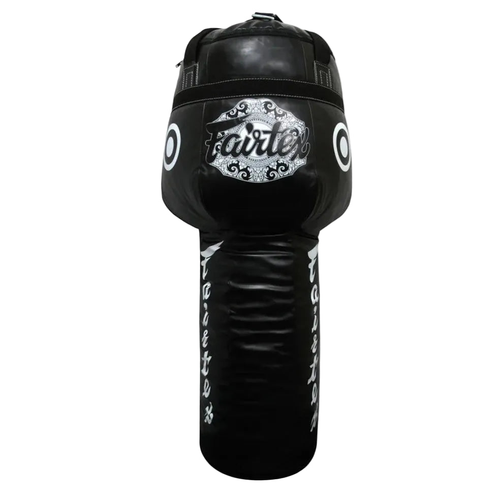 A black Fairtex professional-grade punching bag with white branding and target graphics, shown against a plain white background.