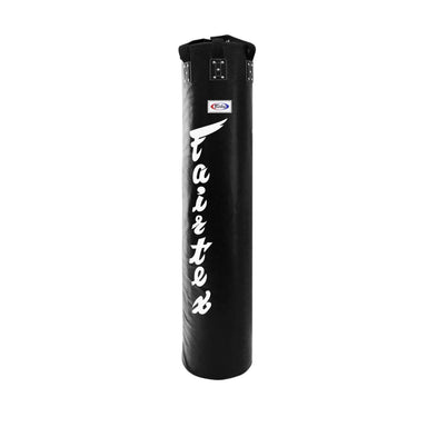Black punching bag with 'Fairtex' branding on a white background