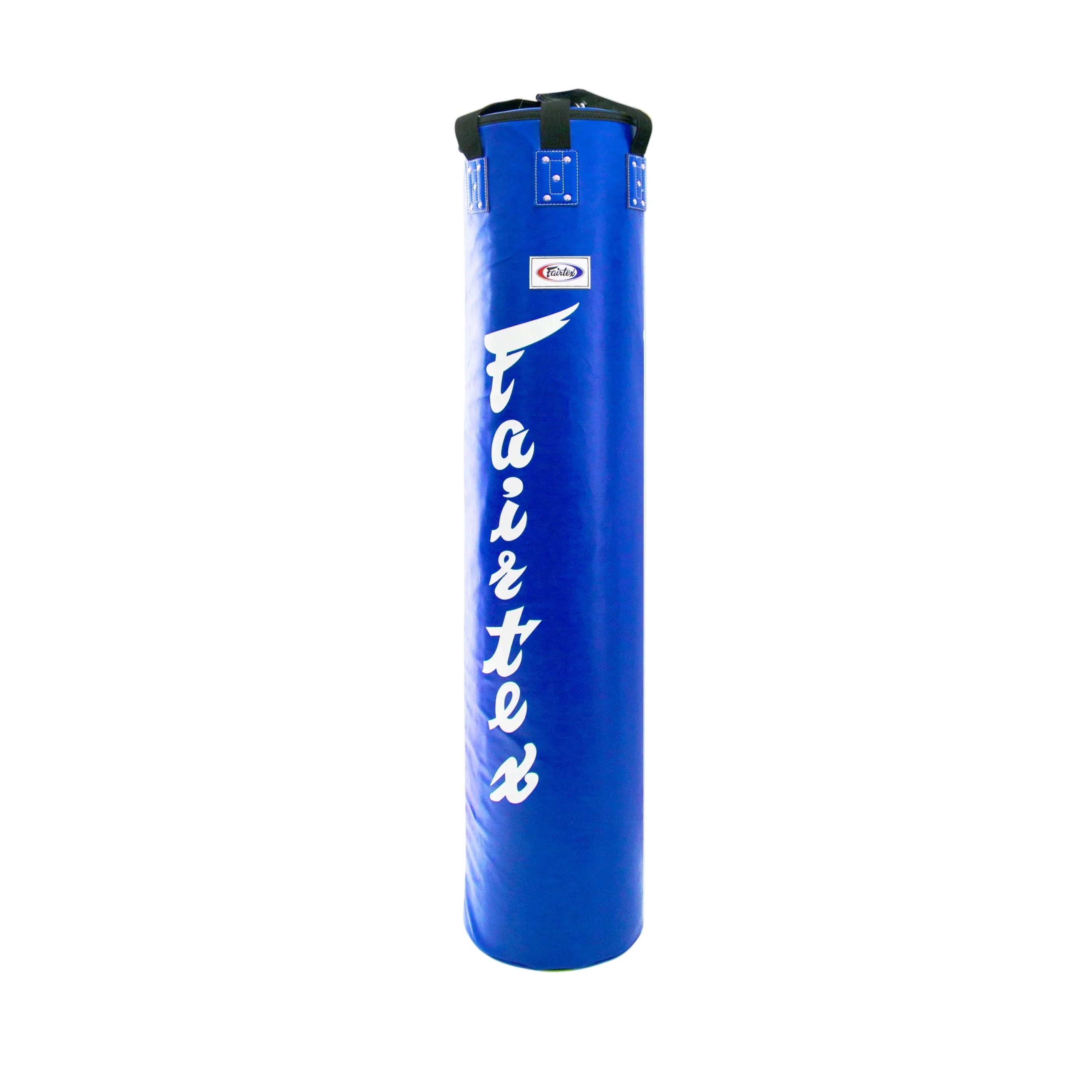 Blue cylindrical object with white text on a white background
