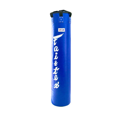 Blue cylindrical object with white text on a white background
