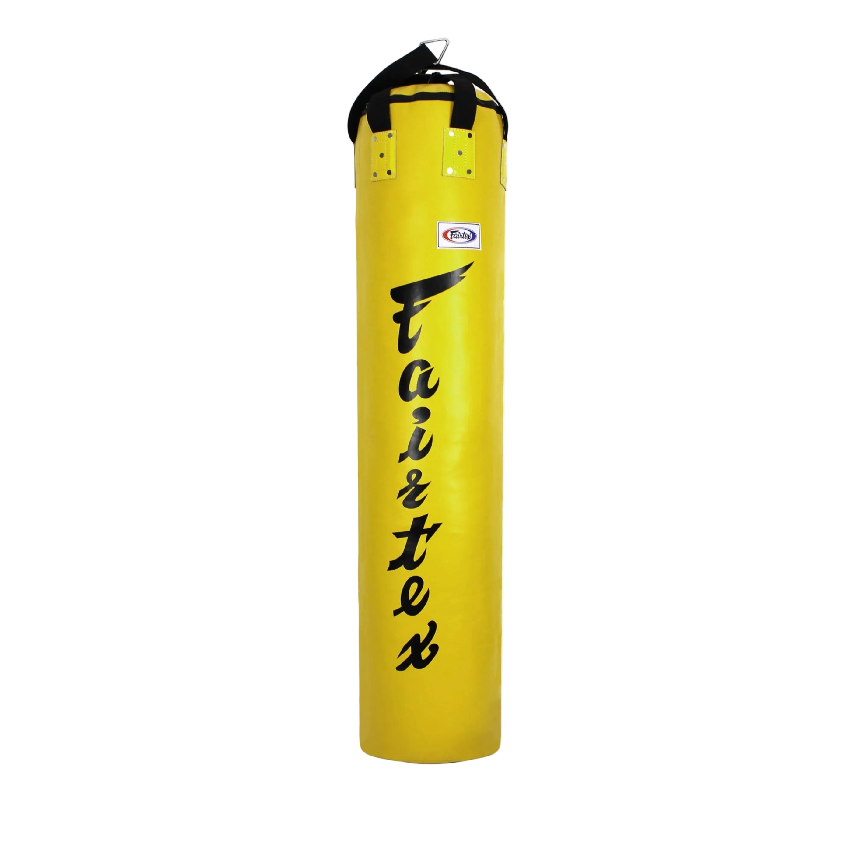 Yellow punching bag with 'Fairtex' branding on a white background