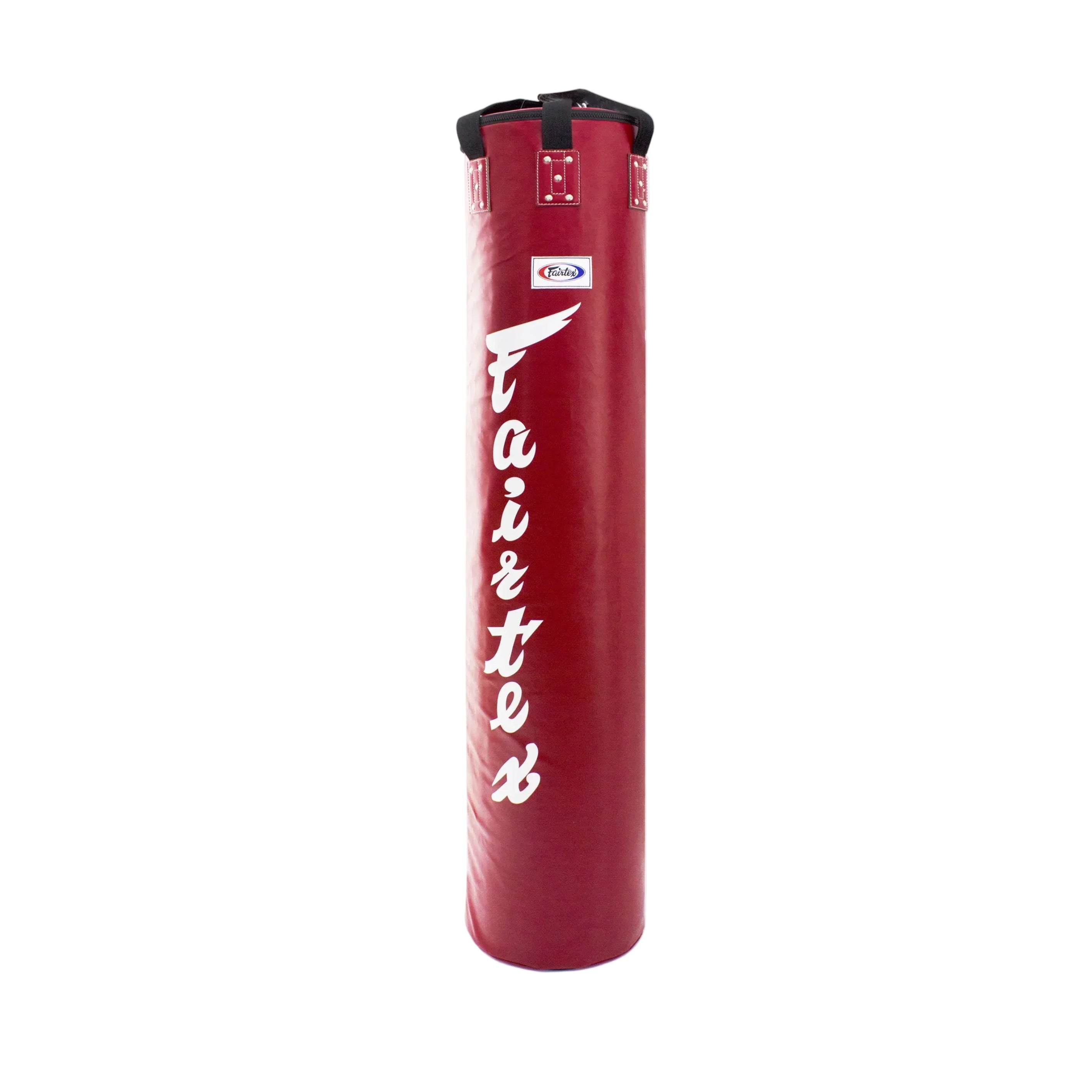 Red punching bag with white text on a white background
