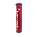 Red punching bag with white text on a white background