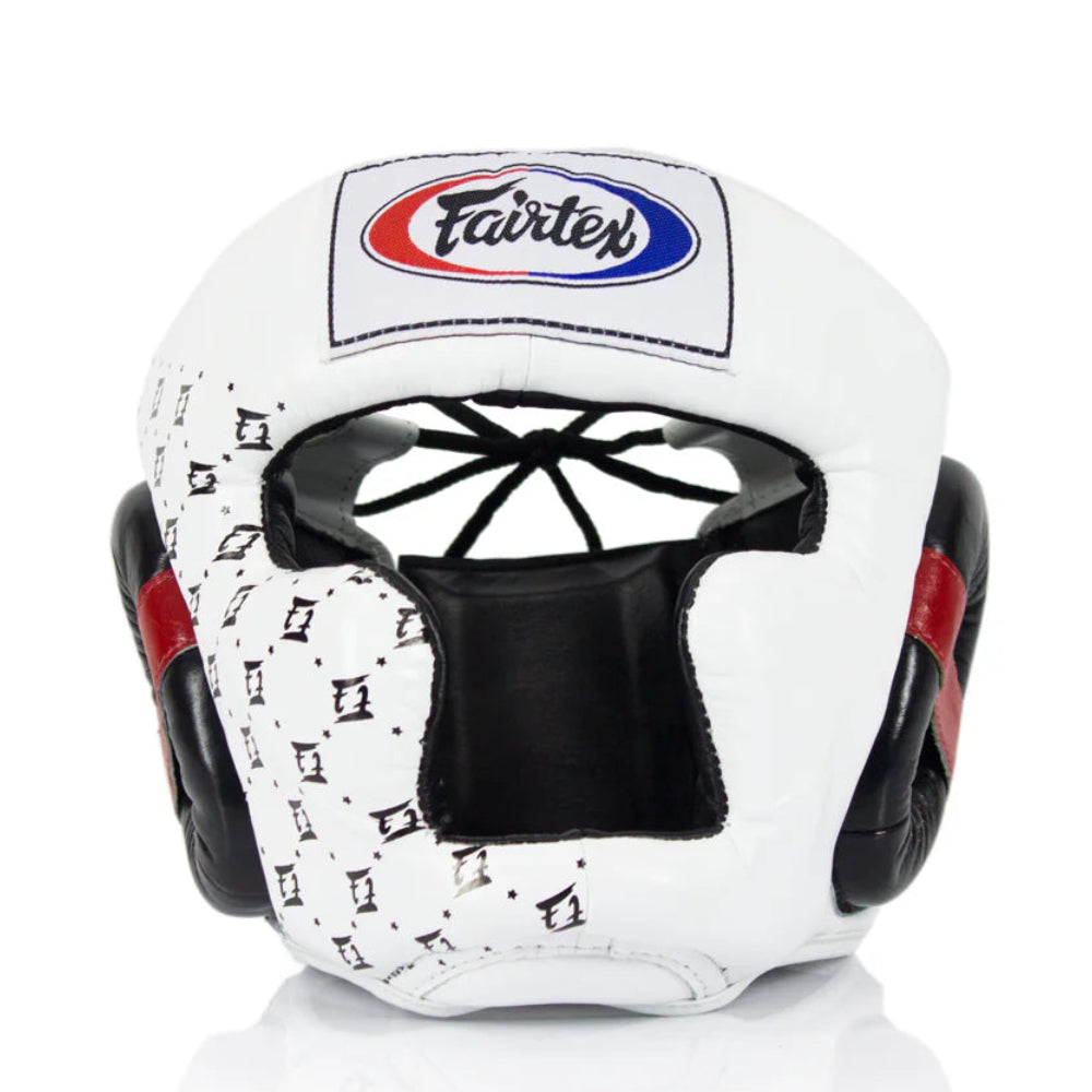 White boxing headgear with black and red accents and Fairtex logo on a white background
