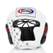 White boxing headgear with black and red accents and Fairtex logo on a white background