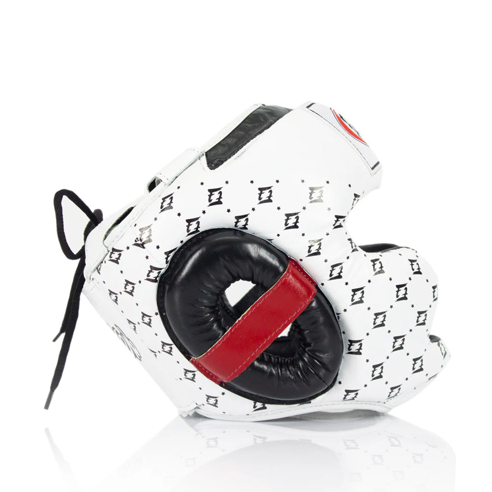 White boxing headgear with black and red accents on a white background