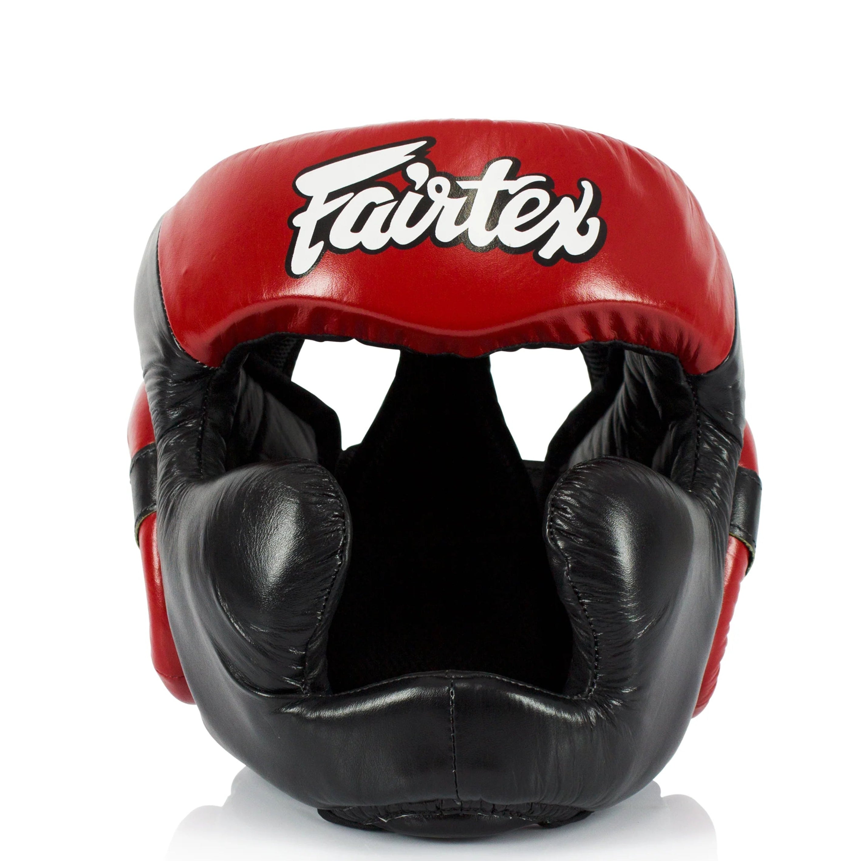 Red and black boxing helmet with 'Fairtex' branding on a white background