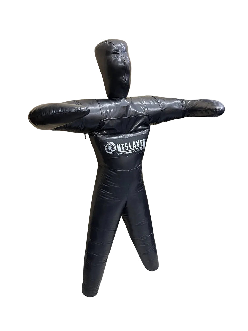 Black inflatable training dummy with 'Outslayer' branding on a white background