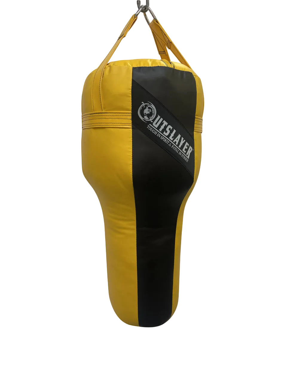 Yellow and black punching bag with 'Outslayer' branding on a white background
