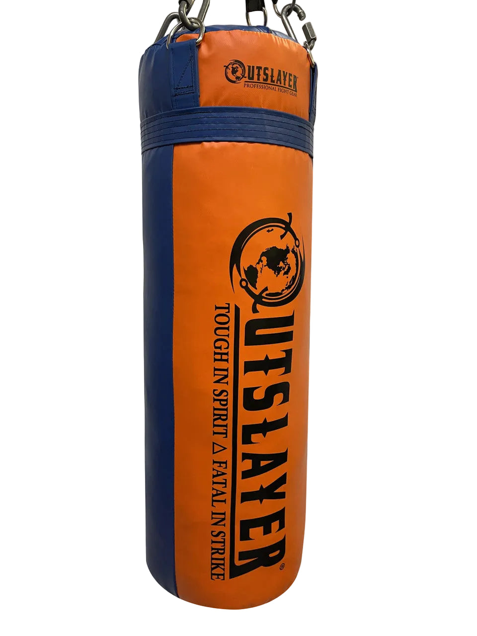 Orange and blue punching bag with 'Outslayer' branding on a white background