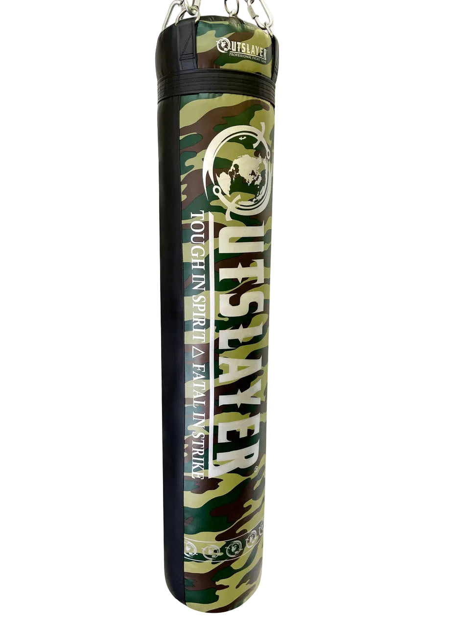 Camouflage-patterned punching bag with 'Outsleayer' branding on a white background