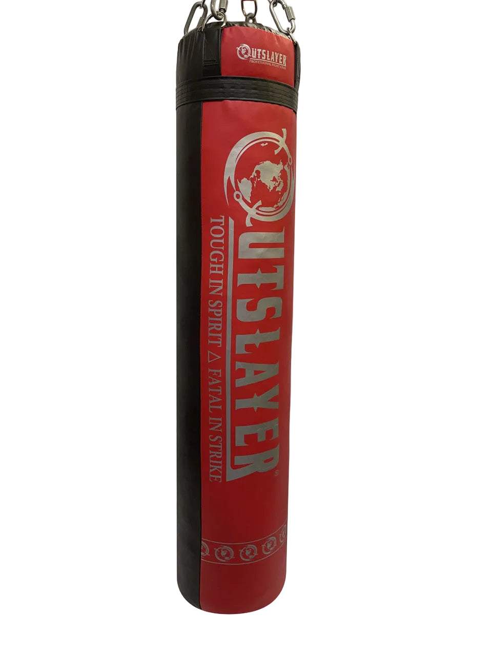 Red and black punching bag with 'Outslayer' branding on a white background