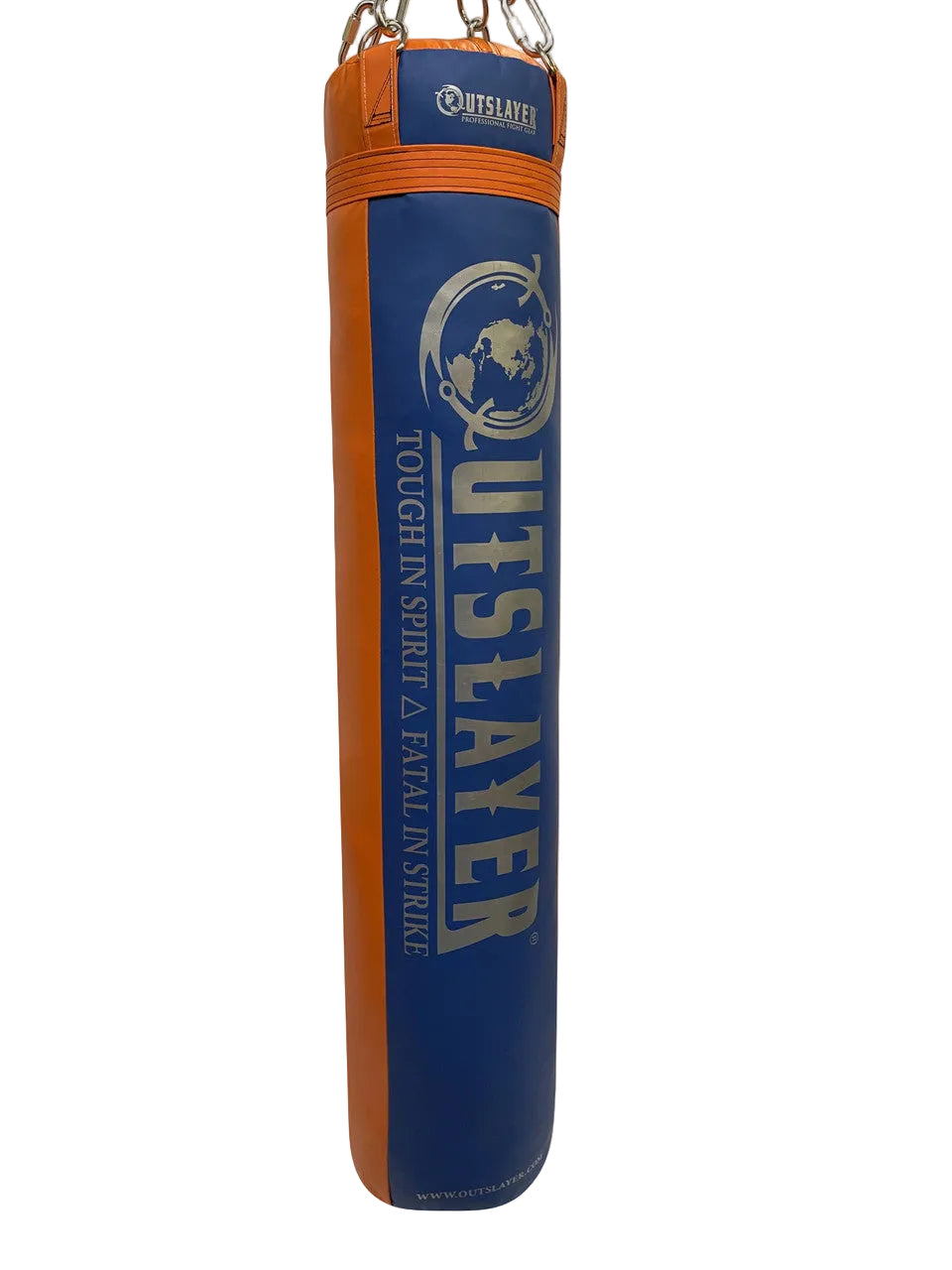 Blue and orange punching bag with 'Outslayer' branding on a white background