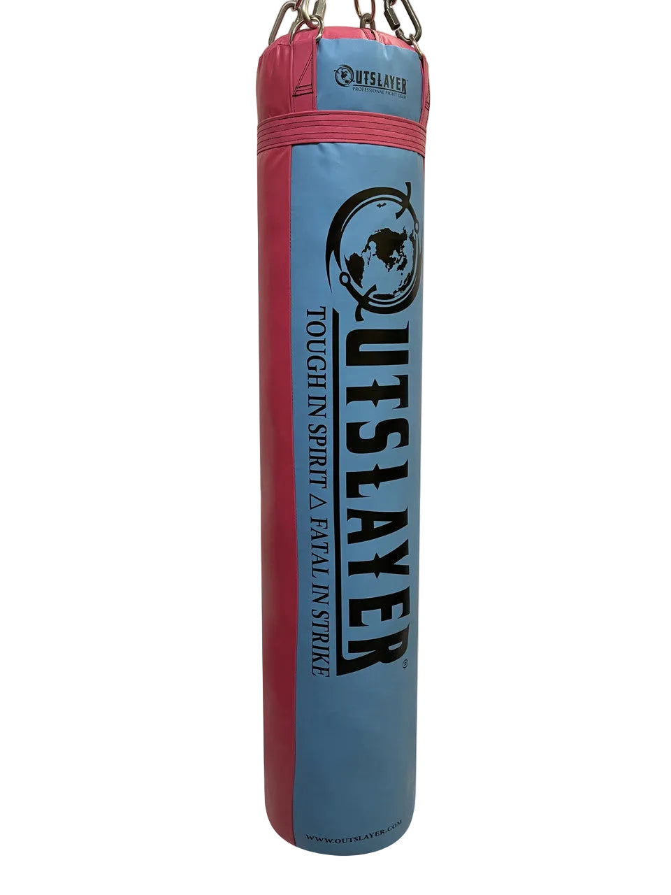 Blue and red punching bag with 'Outslayer' branding on a white background