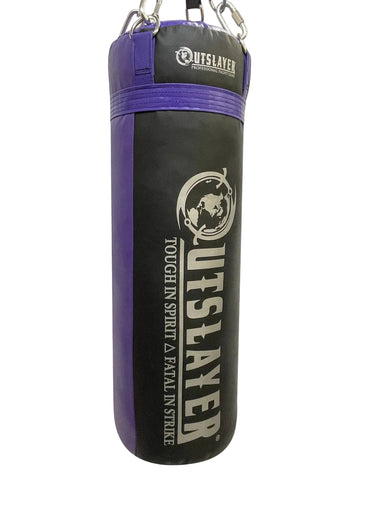 Black and purple punching bag with 'Outslayer' branding on a white background