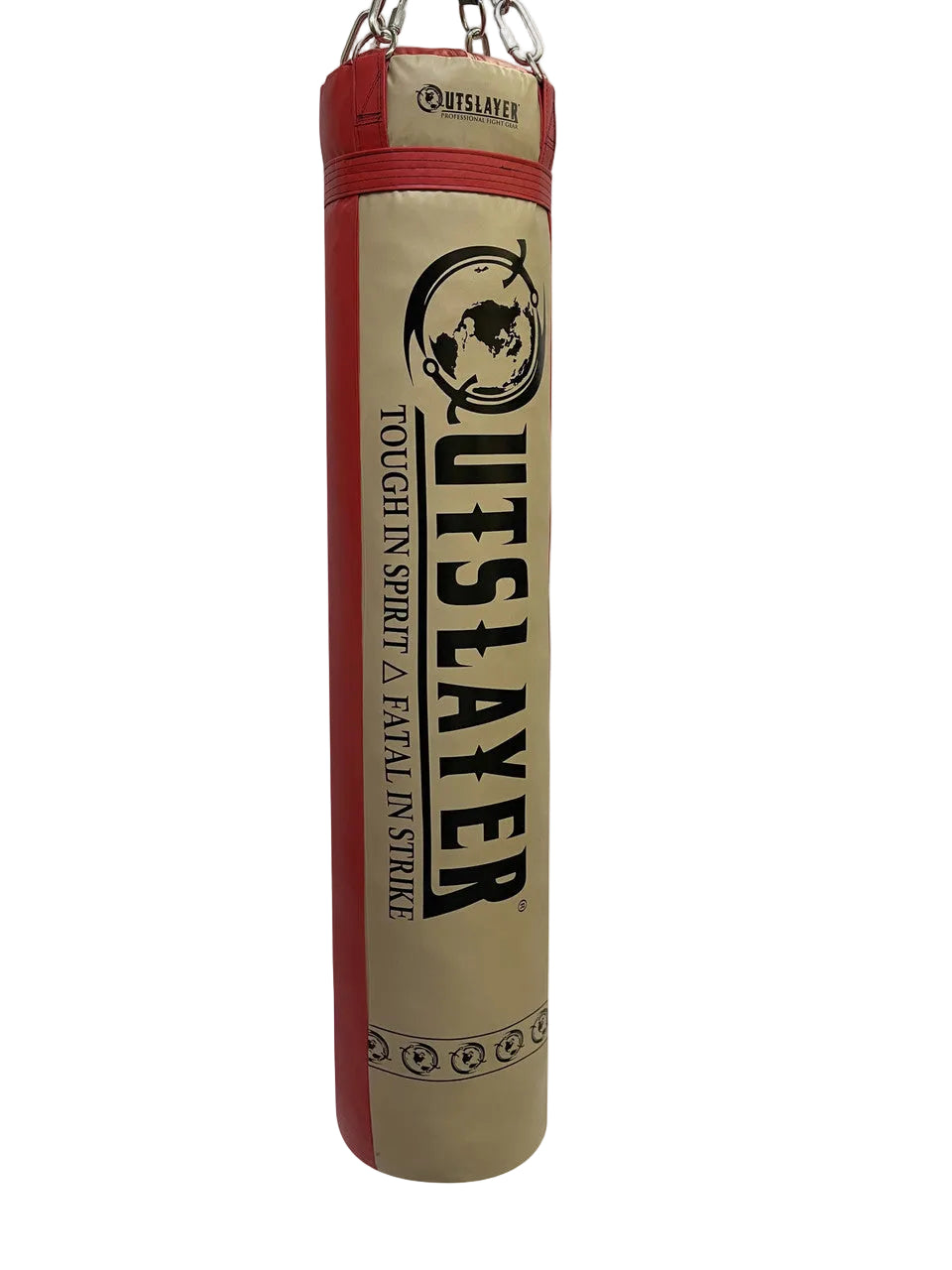 Beige and red punching bag with 'Outslayer' branding on a white background