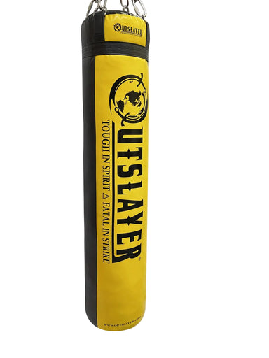Yellow and black punching bag with 'Outslayer' branding on a white background