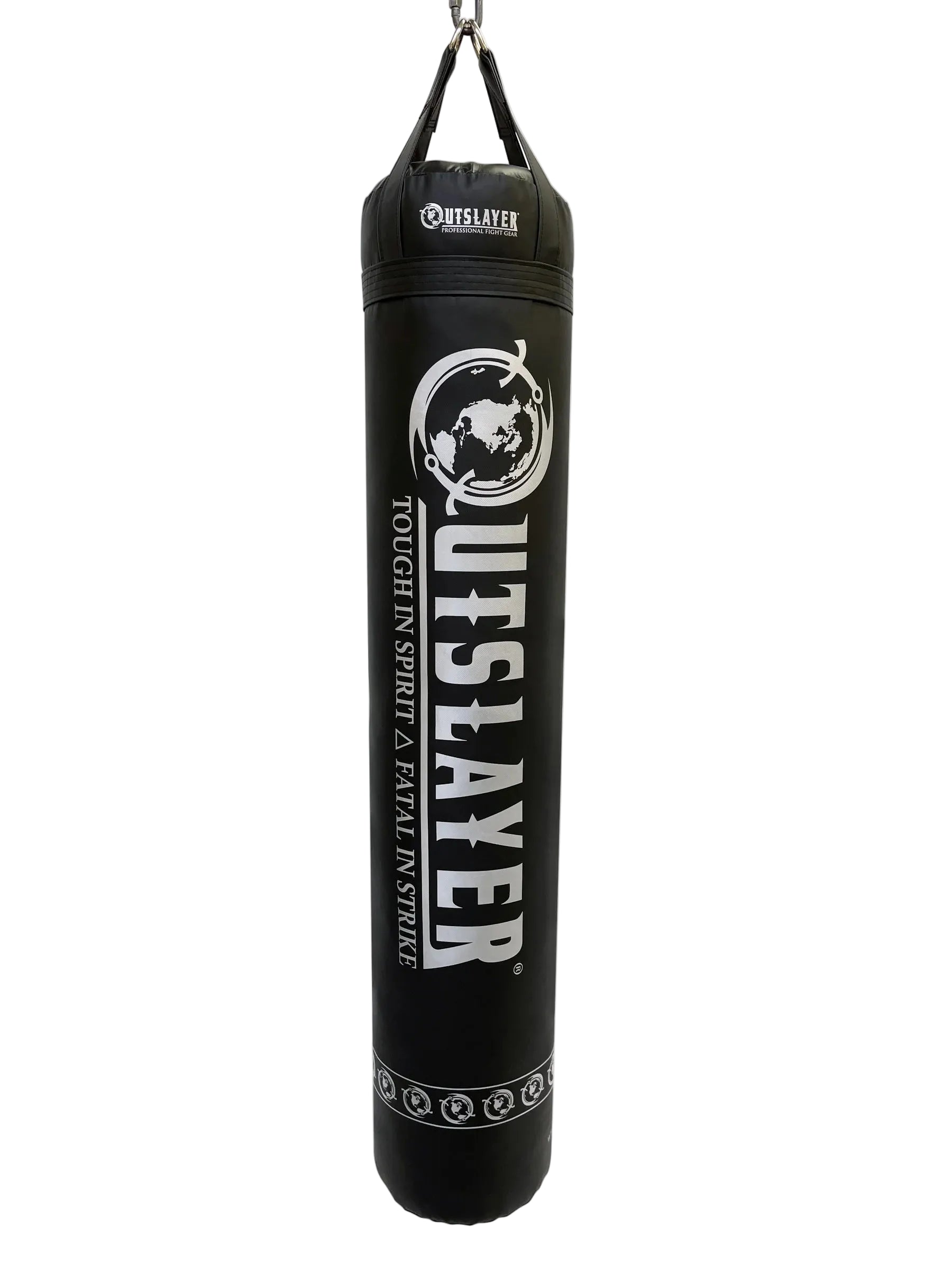 Black punching bag with 'Outslayer' branding on a white background