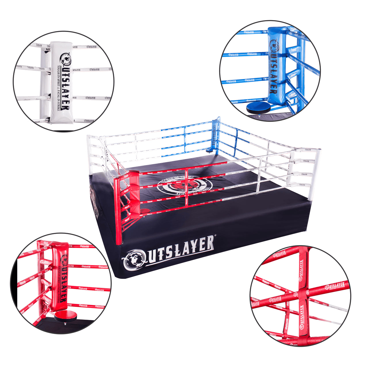 Boxing ring with red and blue ropes and 'Outslayer' branding on a white background.