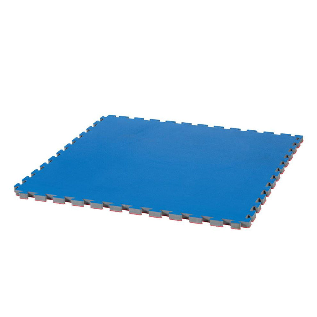 Blue interlocking foam mat on a white background