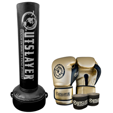 Outslayer martial arts training set featuring a black freestanding heavy bag, a pair of gold and navy boxing gloves, and matching hand wraps on a white background.
