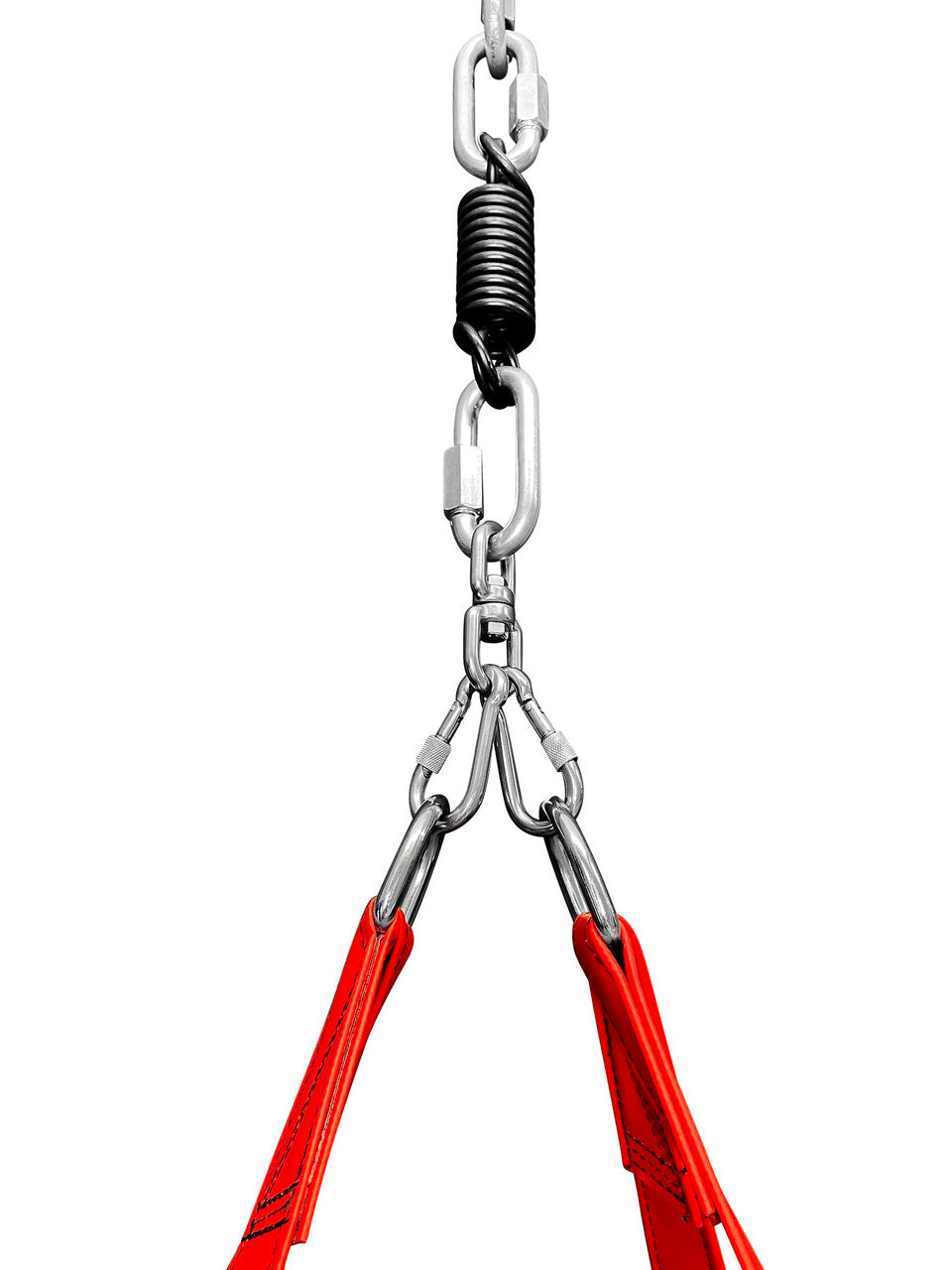 Outslayer heavy bag spring kit with swivel and carabiners attached to red straps