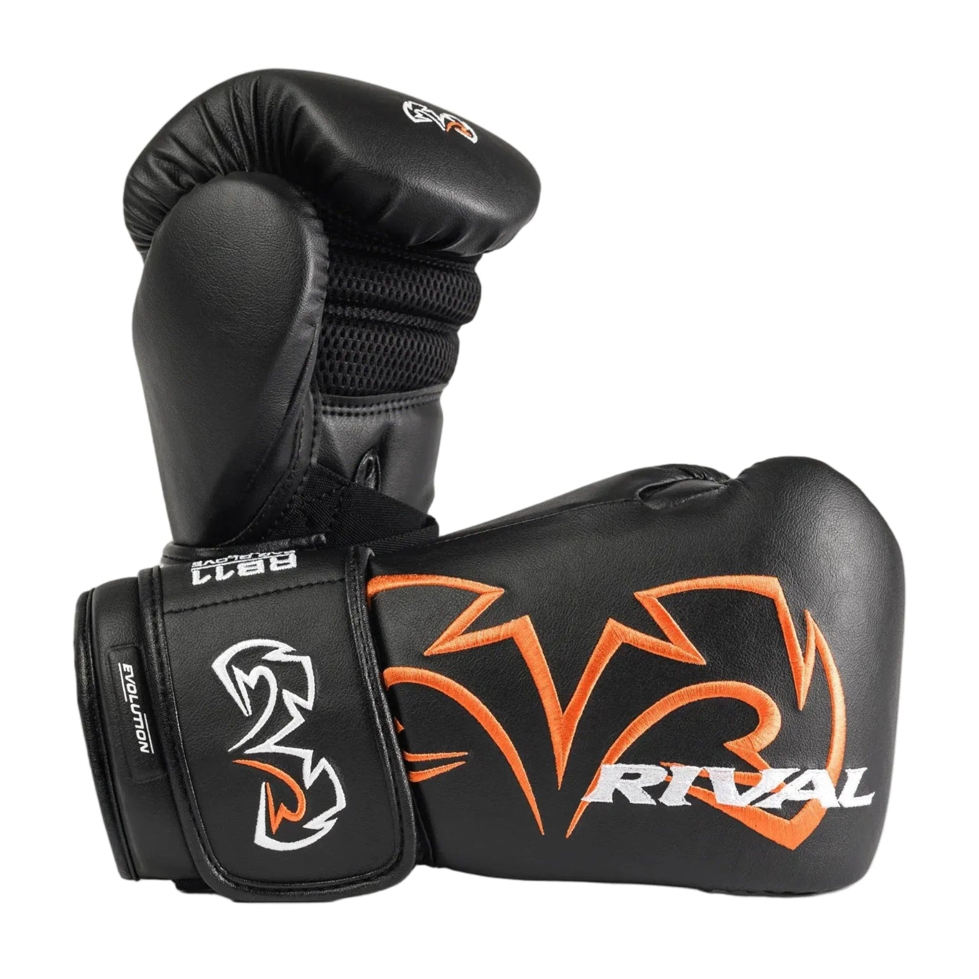 A pair of black boxing gloves with orange and white Rival branding, displayed on a light gray background.