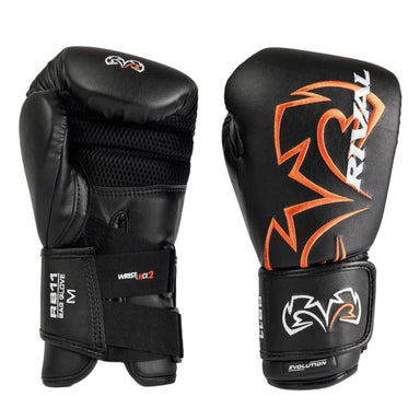 A pair of black boxing gloves with orange and white graphics, displayed against a light gray background.