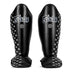 Black Fairtex shin guards with white patterned side panels
