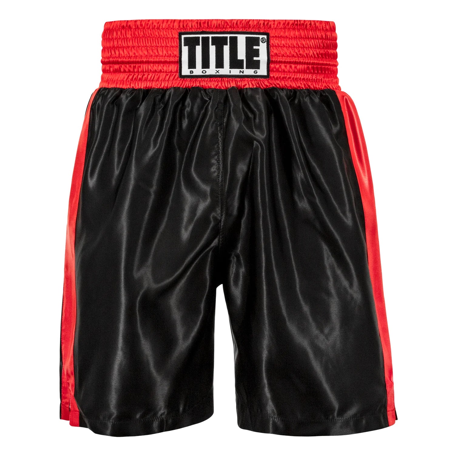 Black boxing shorts with red accents and 'Title Boxing' waistband on a white background