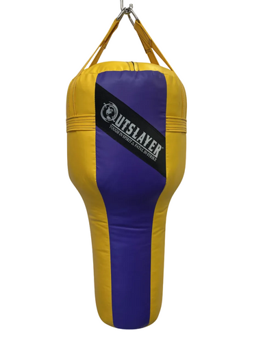 A hanging heavy punching bag with a yellow and purple color-blocked design, featuring a black diagonal panel with the 'OUTSLAYER' brand logo.