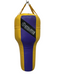 A hanging heavy punching bag with a yellow and purple color-blocked design, featuring a black diagonal panel with the 'OUTSLAYER' brand logo.