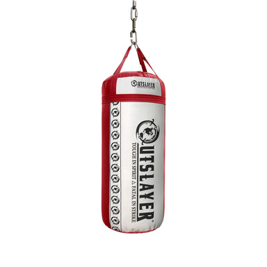 Red and white punching bag with 'Outslayer' branding on a white background