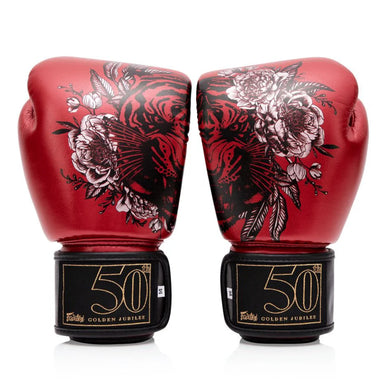 Red boxing gloves with floral designs and '50' branding on a white background