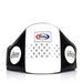 Black and white Fairtex boxing headgear on a white background