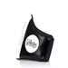 Black leather bag with a white circular logo on a white background