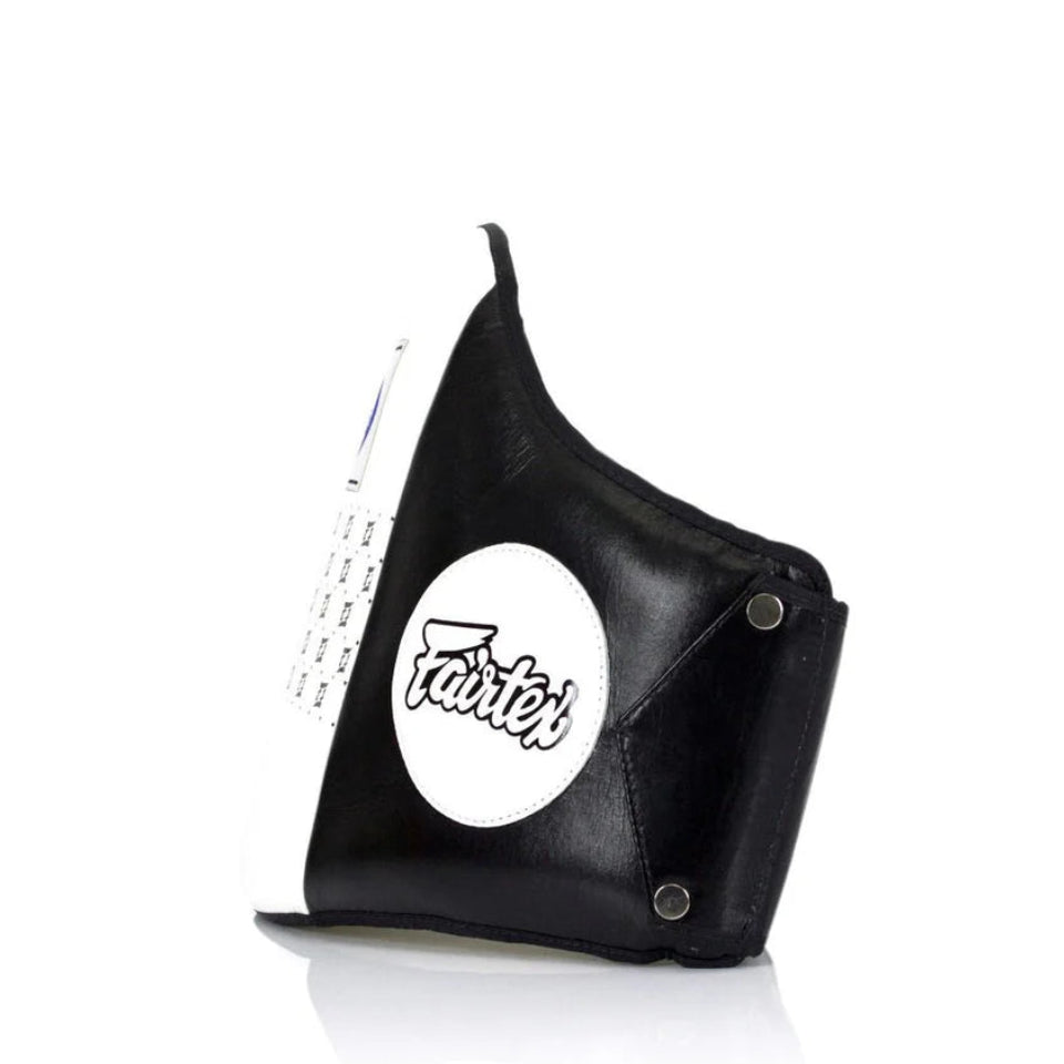 Black leather bag with a white circular logo on a white background
