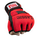 Red boxing glove with black text on a white background
