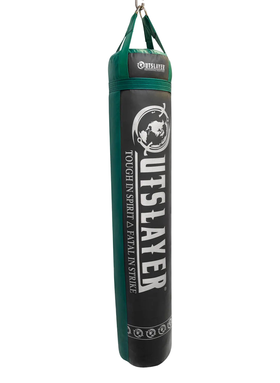 Outslayer punching bag with green top and black body on a white background